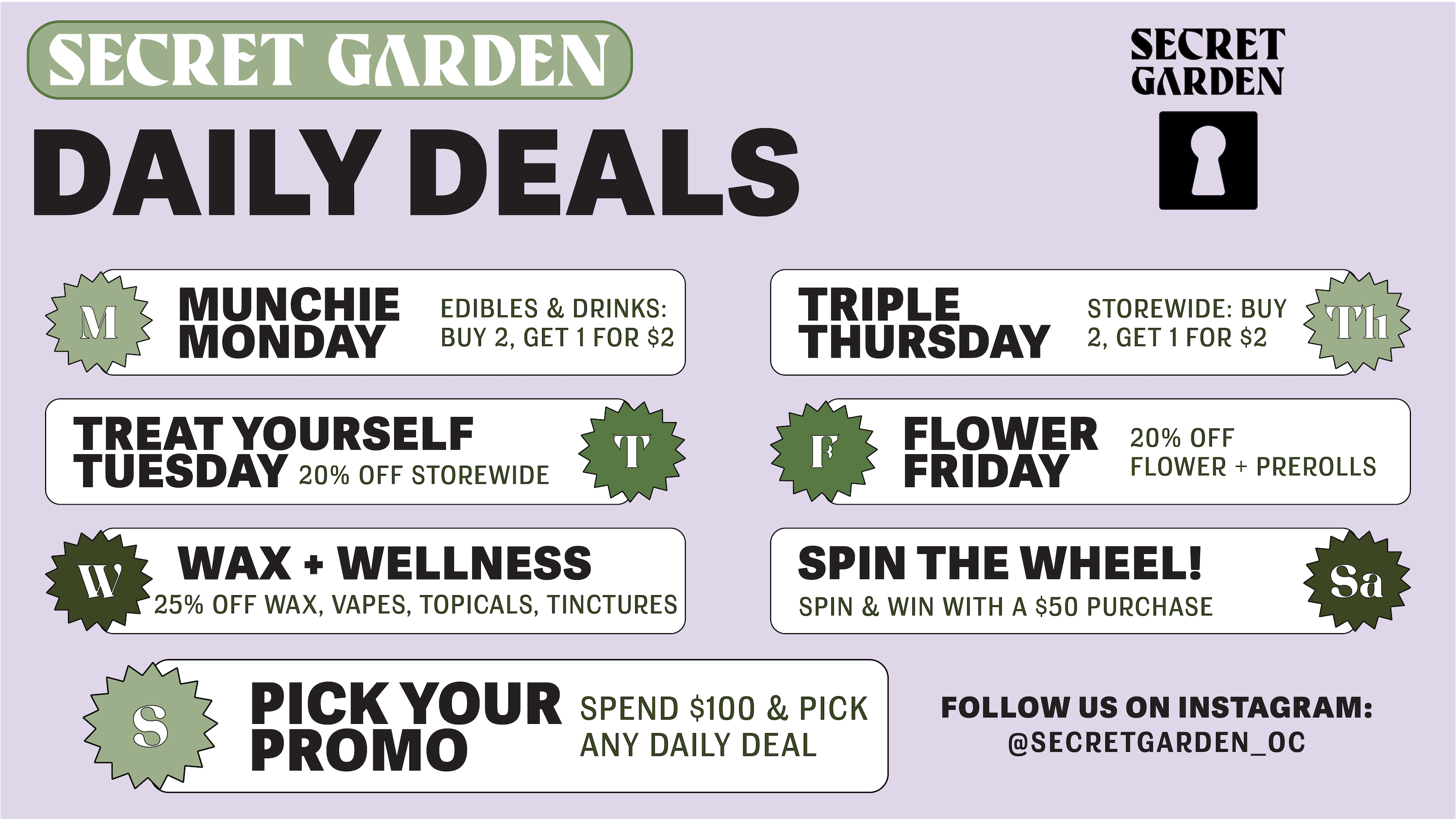 A flyer describing the Cannabis Daily Deals at Secret Garden Costa Mesa