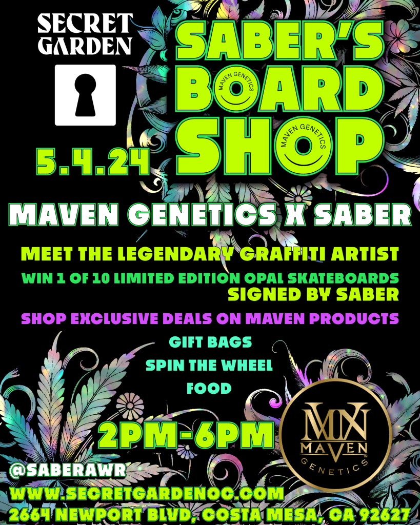 A flyer detailing the Saber's Board Shop event at Secret Garden