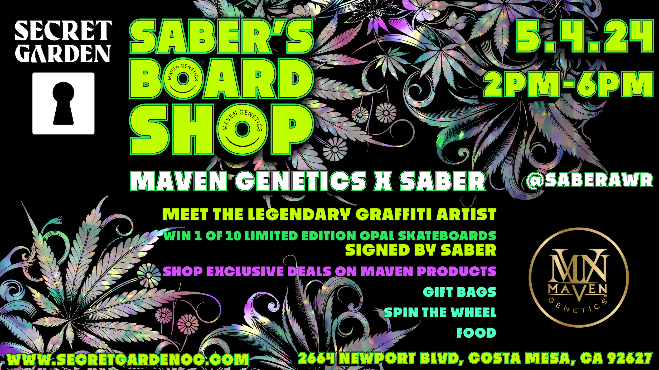 A flyer detailing a May 4th event with Maven, Saber, and Secret Garden