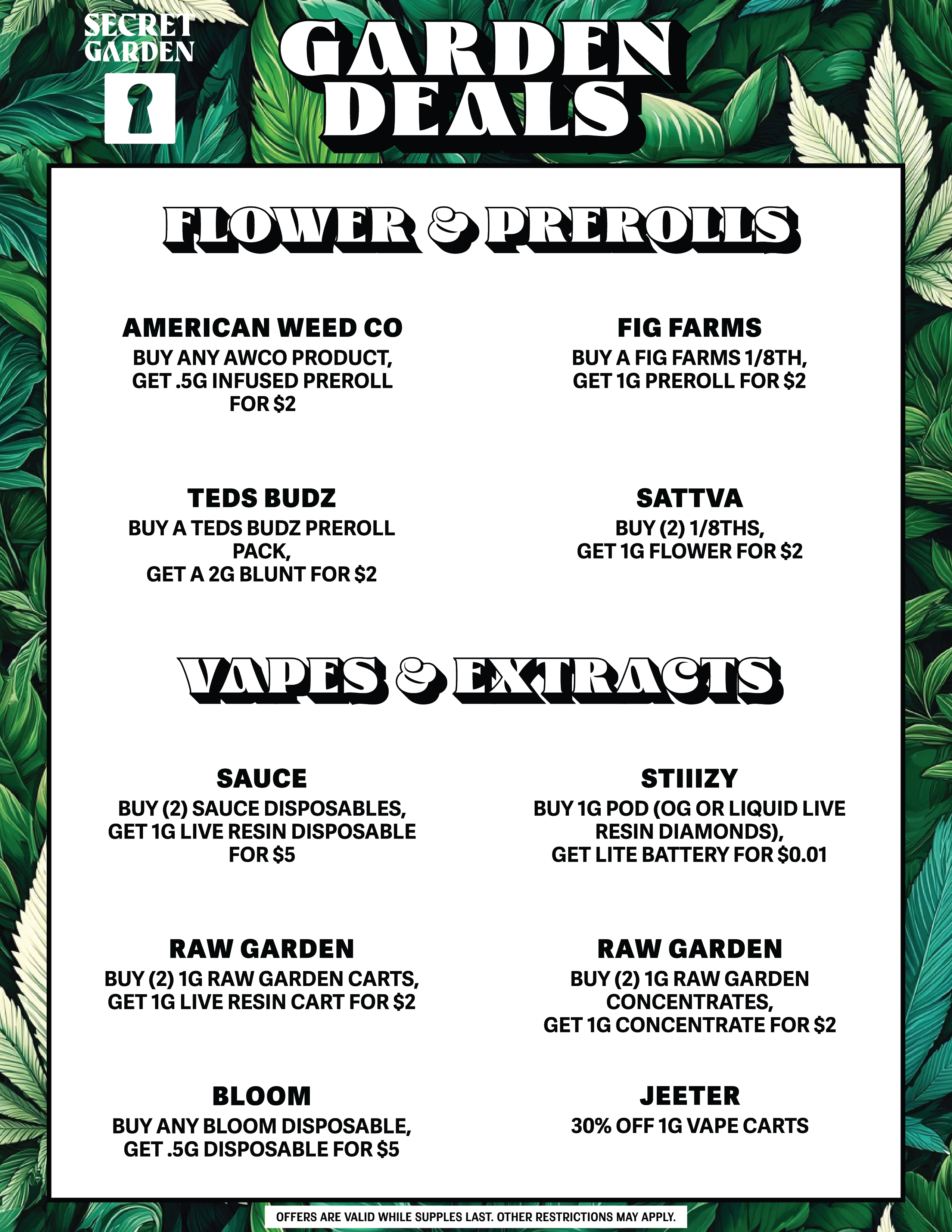 A flyer describing Garden Deals, relating to Flower, Prerolls, Vapes, and Extracts
